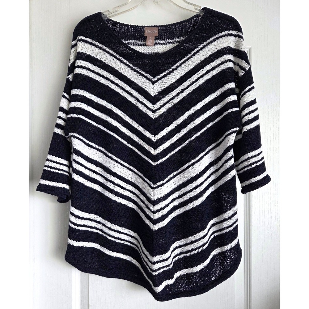 Chico's Navy Blue White Chevron Striped Chunky Loose‎ Knit Sweater Sz 2/L